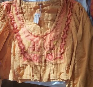 Free People Orange Embroidered Blouse